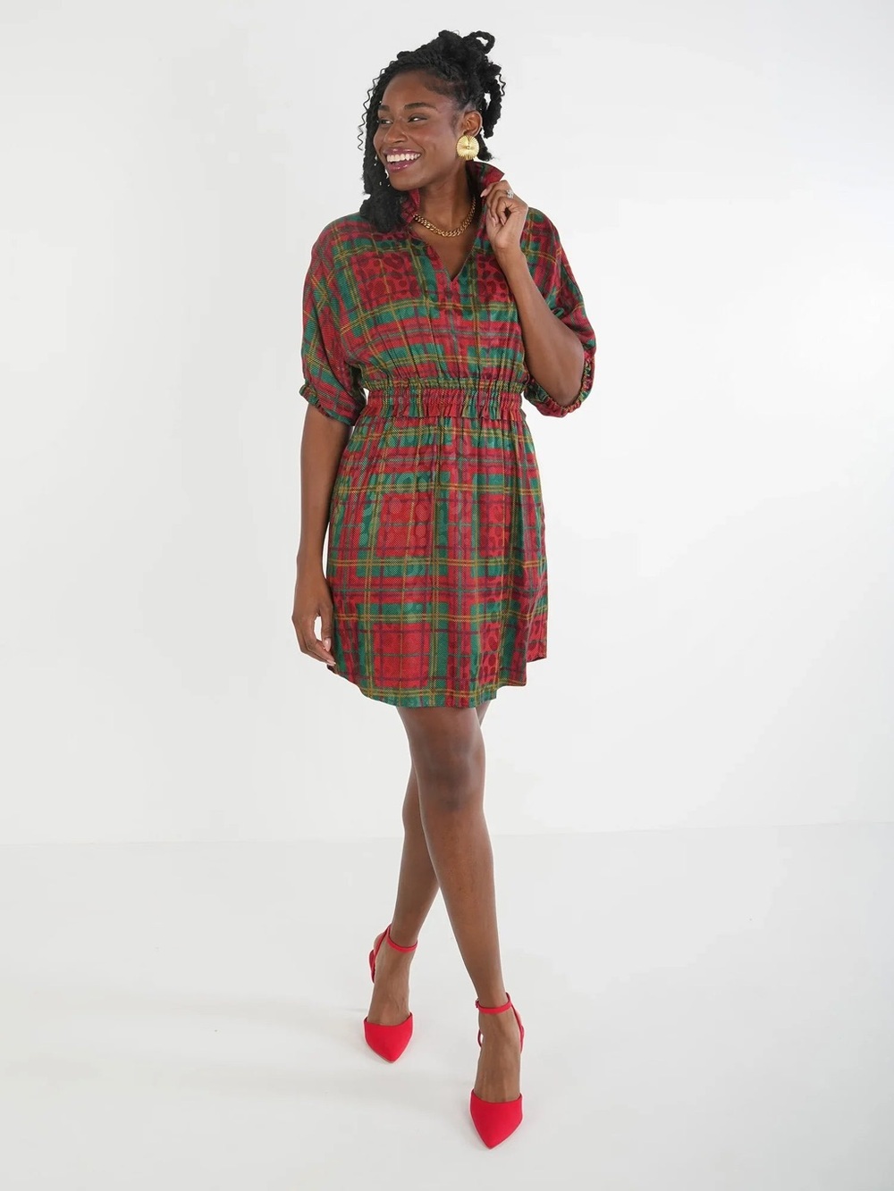 Emily McCarthy Palmer Dress NWT XS Tartan Plaid Red Green Cinched waist Pockets